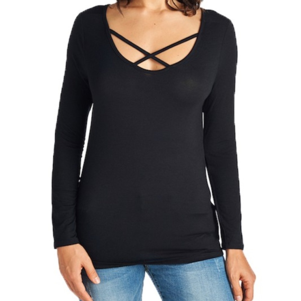 Blue Age Black Long Sleeve Criss Cross Detail Top